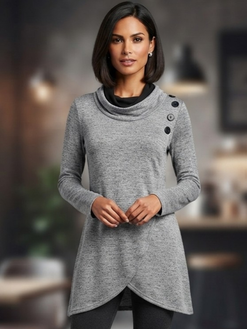 Joseph Ribkoff Grey Cowl-Neck Button Shoulder Tunic Sweater Size 4